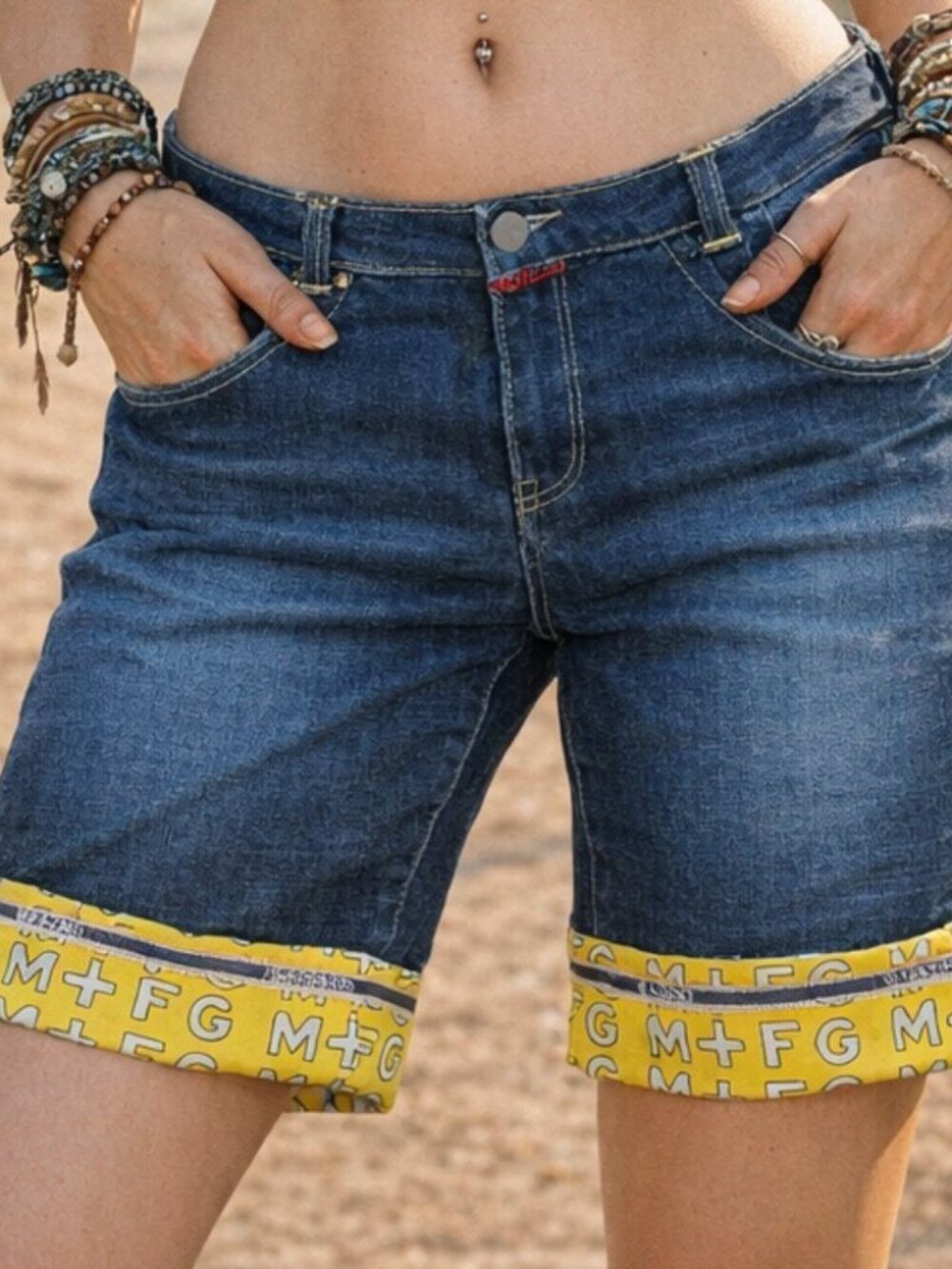 Marithe Francois Girbaud Vintage Y2K Denim Bermuda Shorts Yellow Logo Size 34